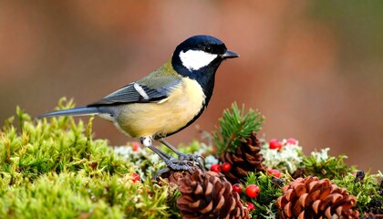 A small bird perched on moss and pine cones