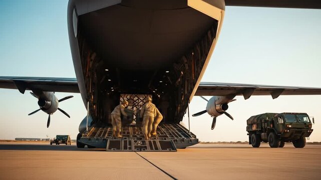 Military Cargo Plane Unloading Supplies Soldiers in Action on the Airfield.