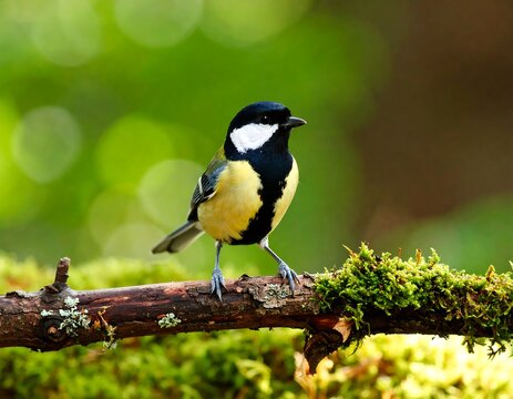 Cute bird perched on a mossy branch in a lush forest