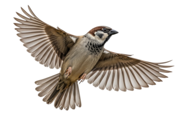 Sparrow in mid-flight displaying detailed wing features, isolated with a transparent background, cutout PNG