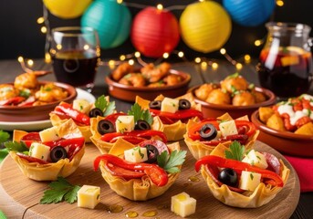 Photo of assortment of bitesized pastry cups filled with cheese, roasted red peppers, and olives, garnished with herbs, perfect for parties and events