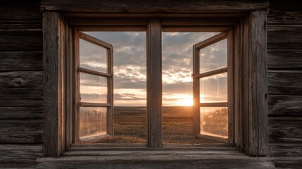 Sunset View Through Wooden Window with Rustic Charm and Serenity