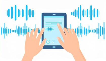 Hands interacting with digital tablet displaying sound waves representing voice recognition technology in a modern, minimalist style, suggesting innovation and connectivity.