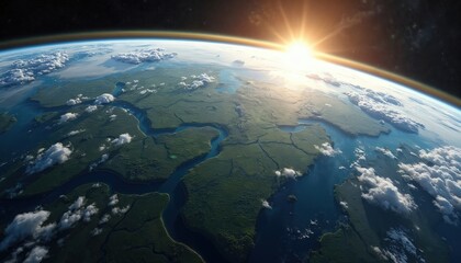 Photorealistic view of Earth from space, focusing on Mississippi River Delta. Rich green wetlands, winding waterways form detailed landscape. Sun glints on horizon, creating contrast with dark space.