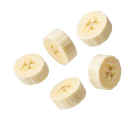 Slices of fresh banana arranged on a white surface, transparent background, cutout PNG