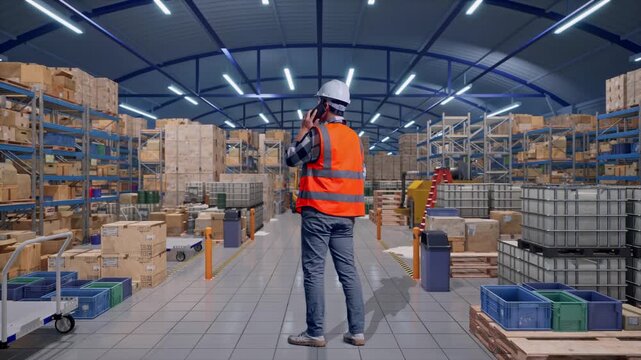Full Body Back View Of Asian Male Engineer With Safety Helmet Talking On Smartphone While Standing in Spacious Warehouse with Rows of Shelving
