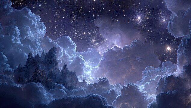 Celestial castle peeks through fluffy, glowing clouds in a star-filled night sky