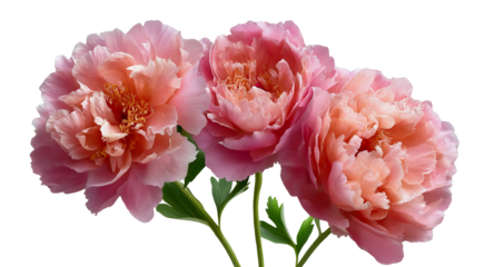 Three blooming peonies and sunset coral