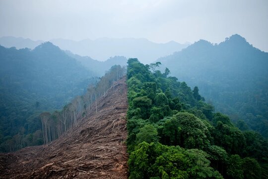 Deforestation on one side and untouched rainforest on the other in a mountainous region