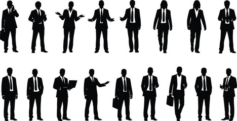 Silhouettes of 16 business professionals in varied poses, suits and ties, using devices, gesturing, ideal for corporate design, illustration