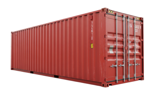 Shipping container in red color with weathered texture and heavy-duty locks visible, transparent background, cutout PNG