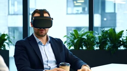 Man wearing a virtual reality headset in a modern office setting, experiencing immersive technology during a business meeting with colleagues, exploring digital innovation 4k video - Powered by Adobe