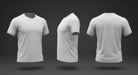 Blank white t-shirt mockup in front, side, and back view on a dark grey background