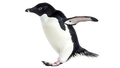 Fototapeta premium A full shot of an adelie penguin in profile view, showcasing its sleek black and white plumage and its wings spread in a dynamic pose.