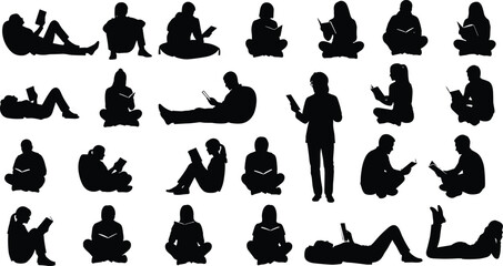 Silhouettes of people reading books in diverse poses, sitting, lying, standing, cross-legged, black vector icons for education and leisure