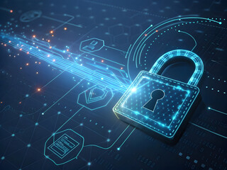 Glowing digital padlock with blue neon data streams and circuit board connections security