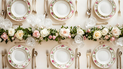 Elegantly set table for a formal event with china, silverware, glassware, and a floral centerpiece of roses and greenery.