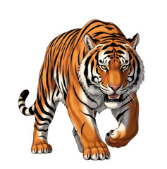 Naklejka premium Fierce tiger walking with determination and intensity on a transparent background, cutout PNG