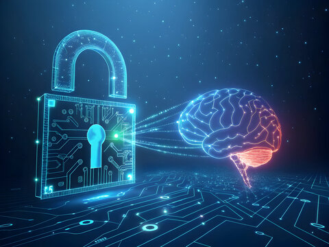 Glowing padlock circuit board connected to illuminated brain connection