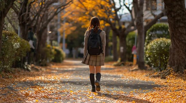 Japanese  autumn school girl walking on leaf covered street scenic fall foliage photography wallpaper background