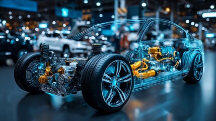 Detailed view of a transparent electric car model showcasing inner components at a car exhibition