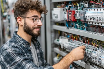 Young technician conducting electrical panel maintenance in a workshop setting