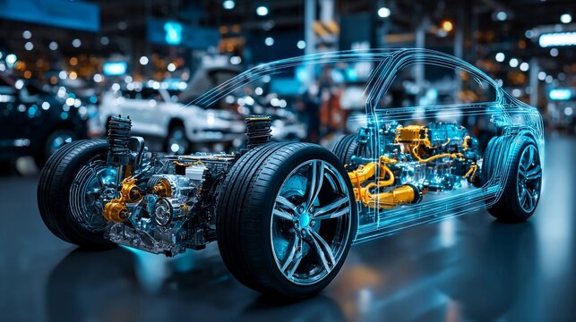 Detailed view of a transparent electric car model showcasing inner components at a car exhibition