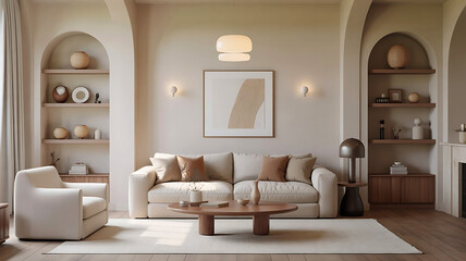 Elegant living room with arched doorways and built in shelving showcasing modern decor and comfortable seating