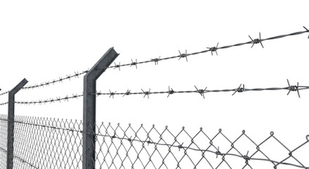Barbed wire fence with chain link design in an isolated setting, transparent background, cutout PNG