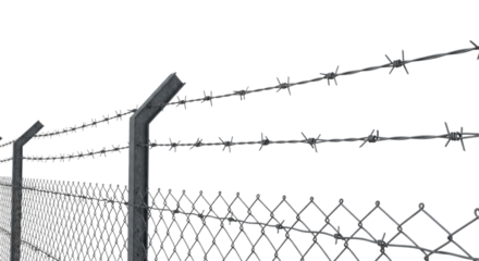 Barbed wire fence with chain link design in an isolated setting, transparent background, cutout PNG