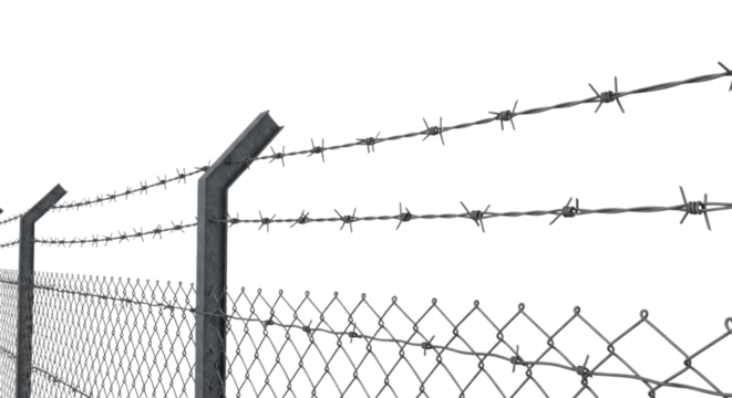Barbed wire fence with chain link design in an isolated setting, transparent background, cutout PNG