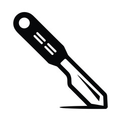 Black and white illustration of a surgical scalpel with a sharp blade