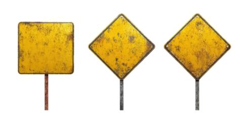 Three weathered yellow road signs