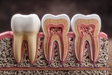 Detailed representation of tooth anatomy showing structure and layers in a clear view