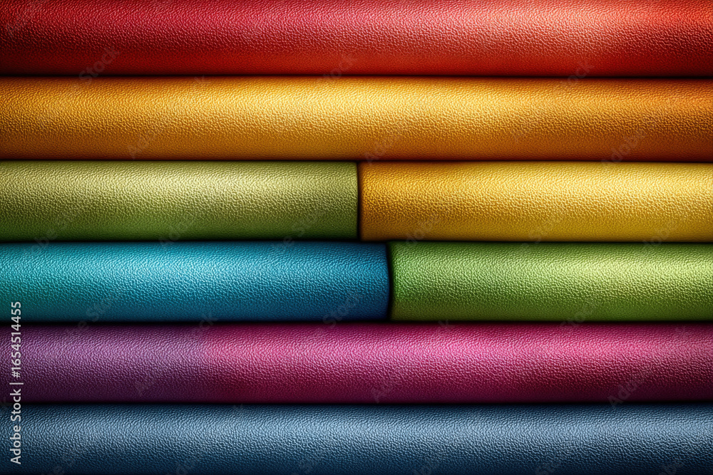 Poster vertical stack of multicolored metallic panels with varied reflectivity and depth on black backgroun