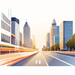 Fototapeta premium Sunrise City Street with Skyscrapers and Light Trails