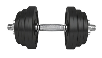 Black rubber metal Dumbbell orthogonal front view. 