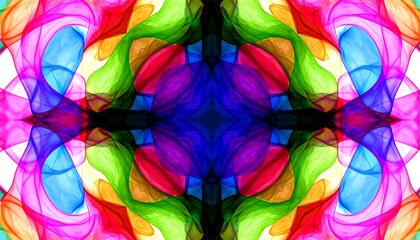 A vibrant, symmetrical design featuring flowing, colorful shapes in a kaleidoscopic pattern.
