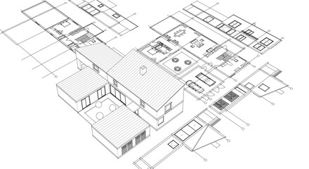 modern house sketch plan 3D illustration	
