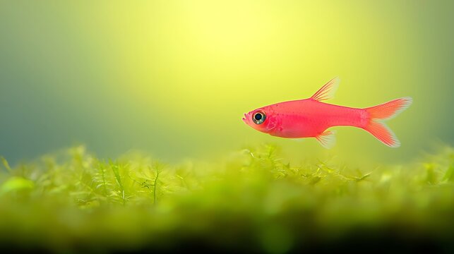 Vibrant pink glofish swimming in lush green aquarium plants