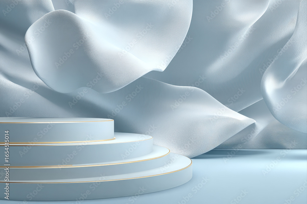 Poster abstract silver fluid shapes on matte platforms in a modern product display
