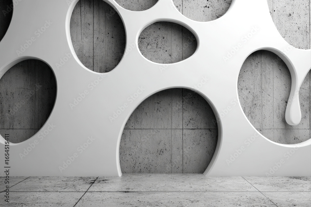 Poster futuristic branding mockup with mercury-like metallic elements on smooth cement background