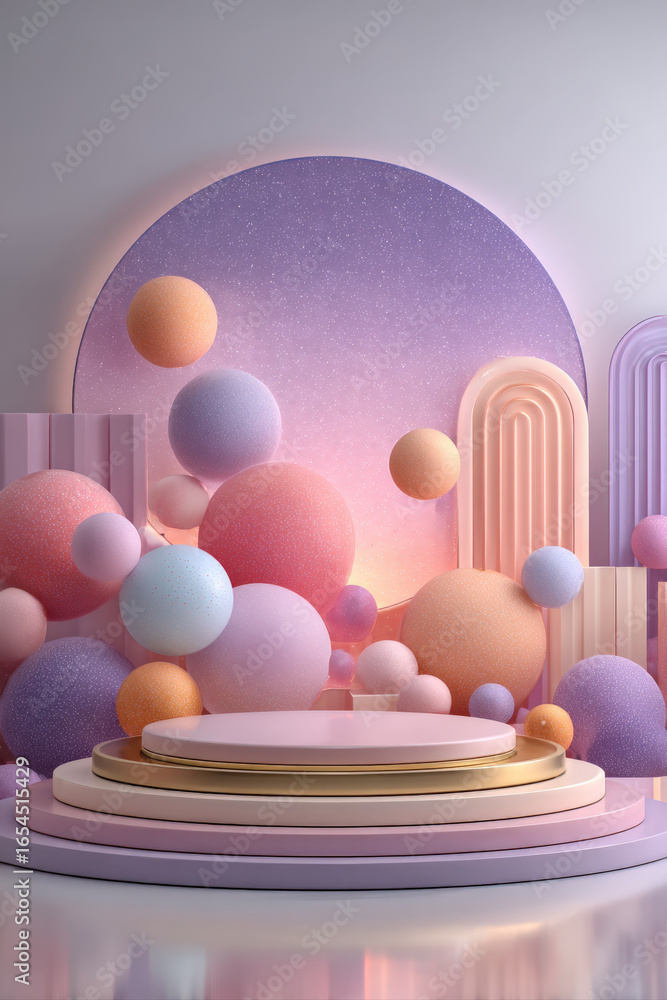 Poster futuristic pastel 3d data visualization with floating violet geometric shapes on clean podium