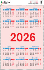 Italian vertical Pocket calendars for 2026. Week starts Monday
