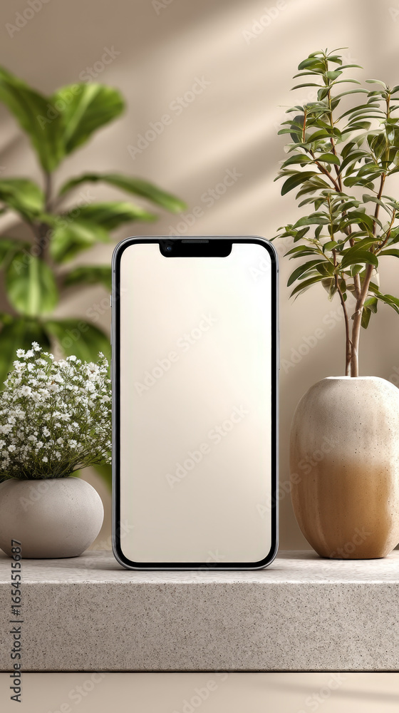 Poster modern smartphone with blank vertical screen on neutral surface for minimalistic mockup
