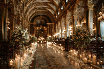 Fototapeta premium Candlelit wedding ceremony in grand ornate cathedral with elegant floral decor