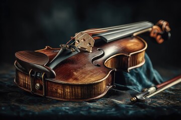 Obraz premium Violin Lying Elegantly on Decorative Cloth in Dark, Moody Indoor Scene