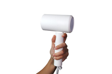 white modern design hair dryer for blowing hair dry after shower is held by left hand or setting...