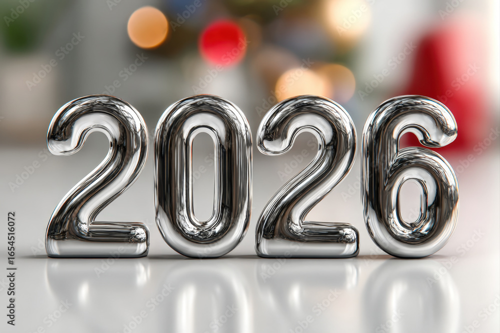 Poster shiny 3d chrome numbers 2026 on a glossy white surface with soft studio lighting