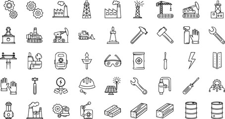 Fototapeta premium Vector and monochrome industrial line drawing icon set 